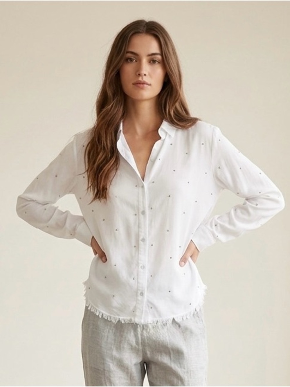 Cloth & Stone White Siver Beaded Long Sleeve Raw Edge Button Up Top Medium